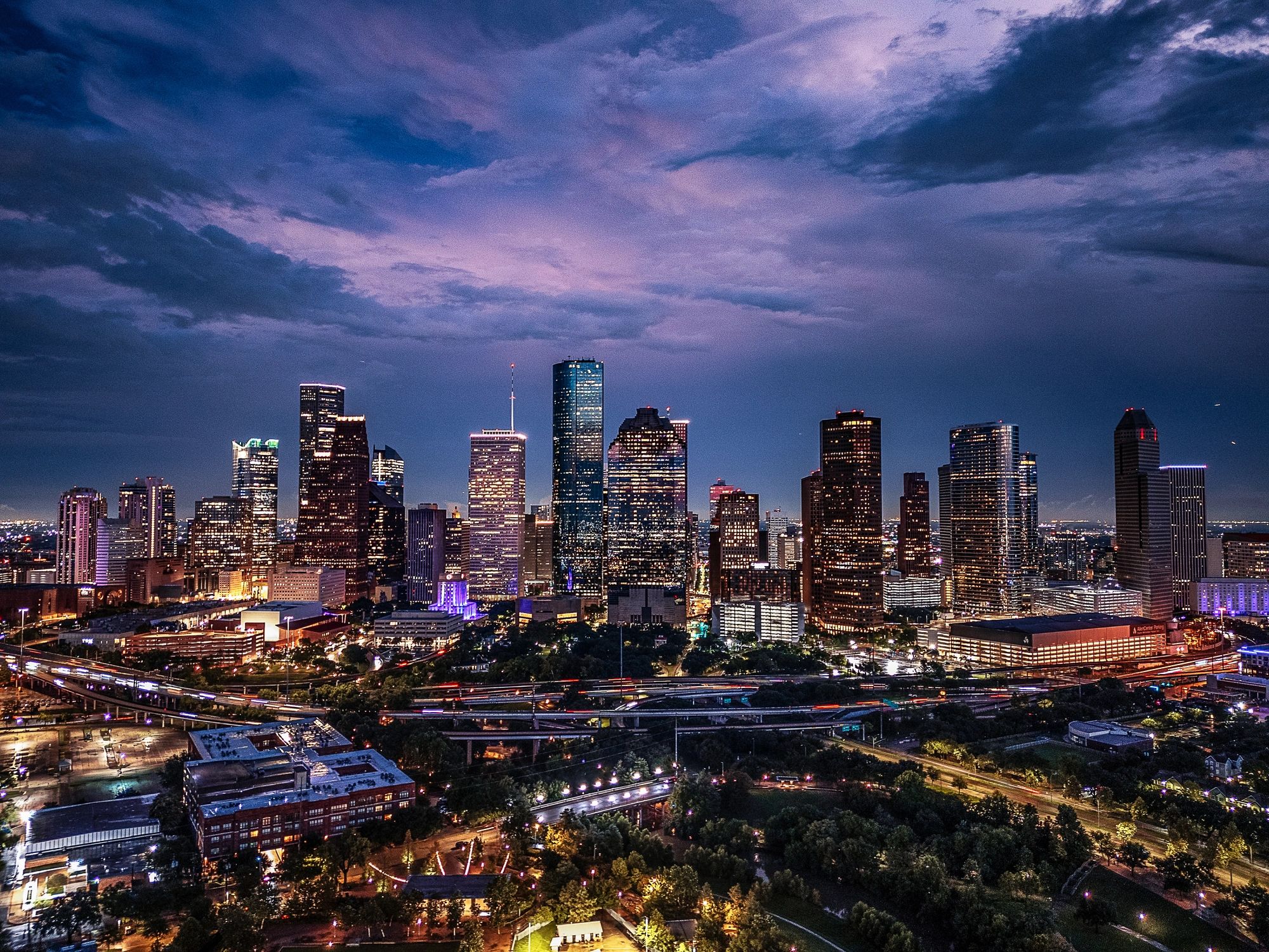 Houston skyline at night, luxury event atmosphere